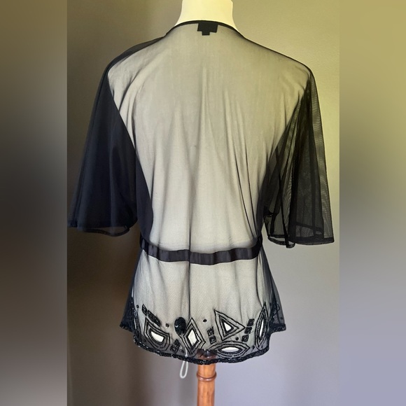 Vintage 90s Black Beaded Mesh Art Nouveau Top Ribbon Bow Glam Goth Victorian - Picture 3 of 10